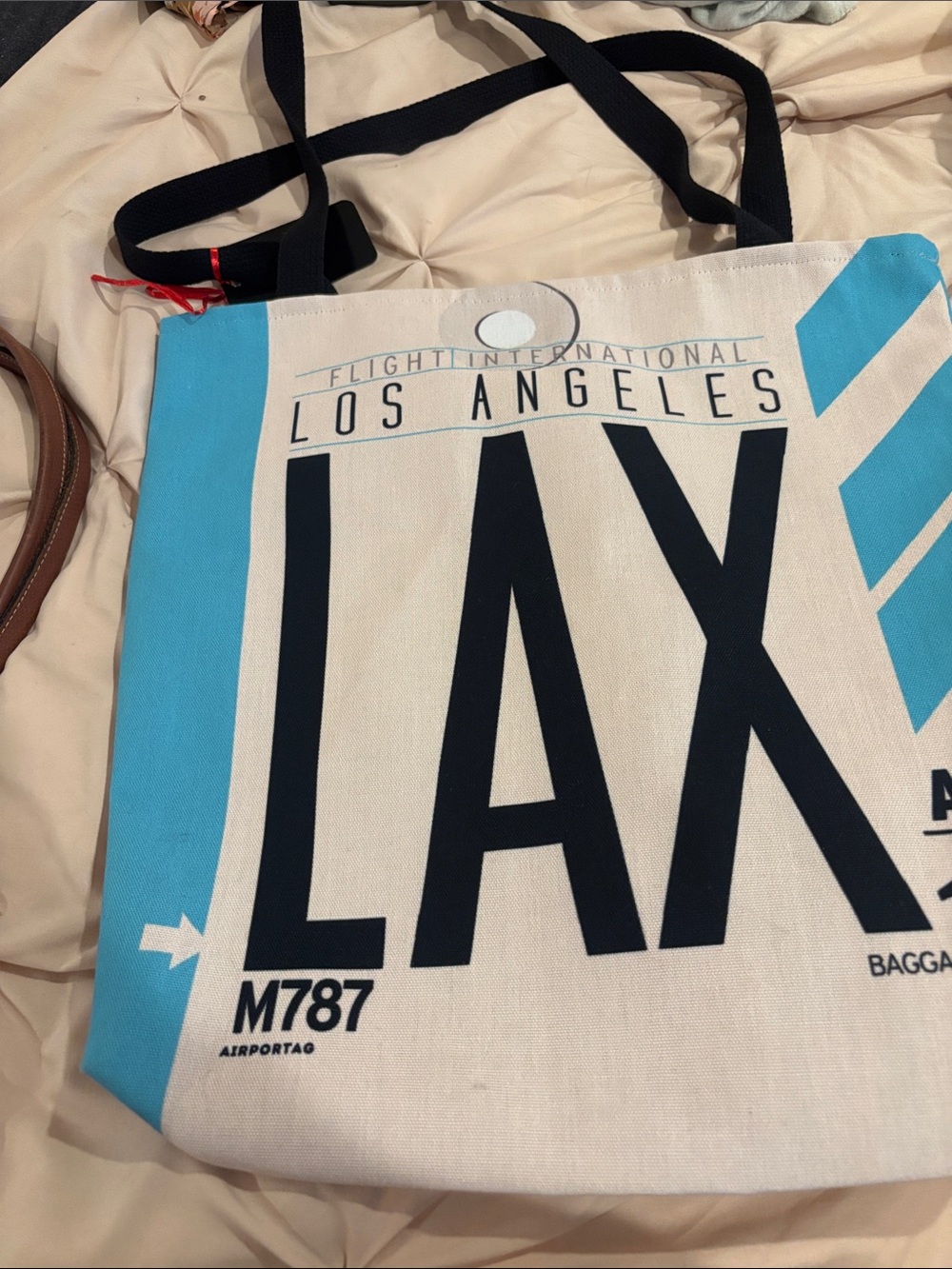 LAX Canvas Tote Bag in White & Turquoise - Unbranded
